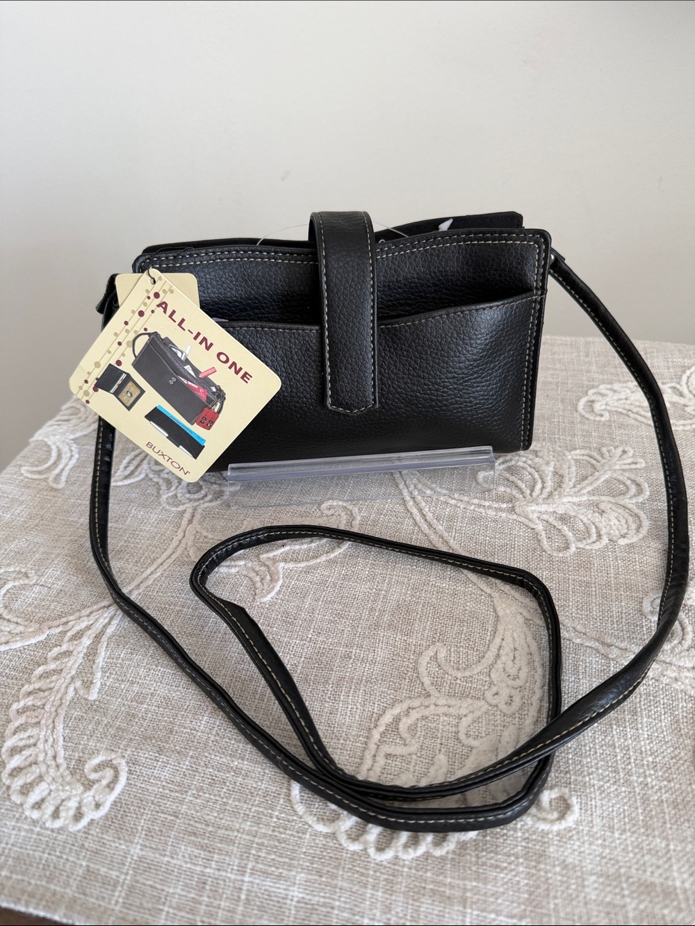 Burton All In One Bag Black Pebble Leather with Stitching Detail.